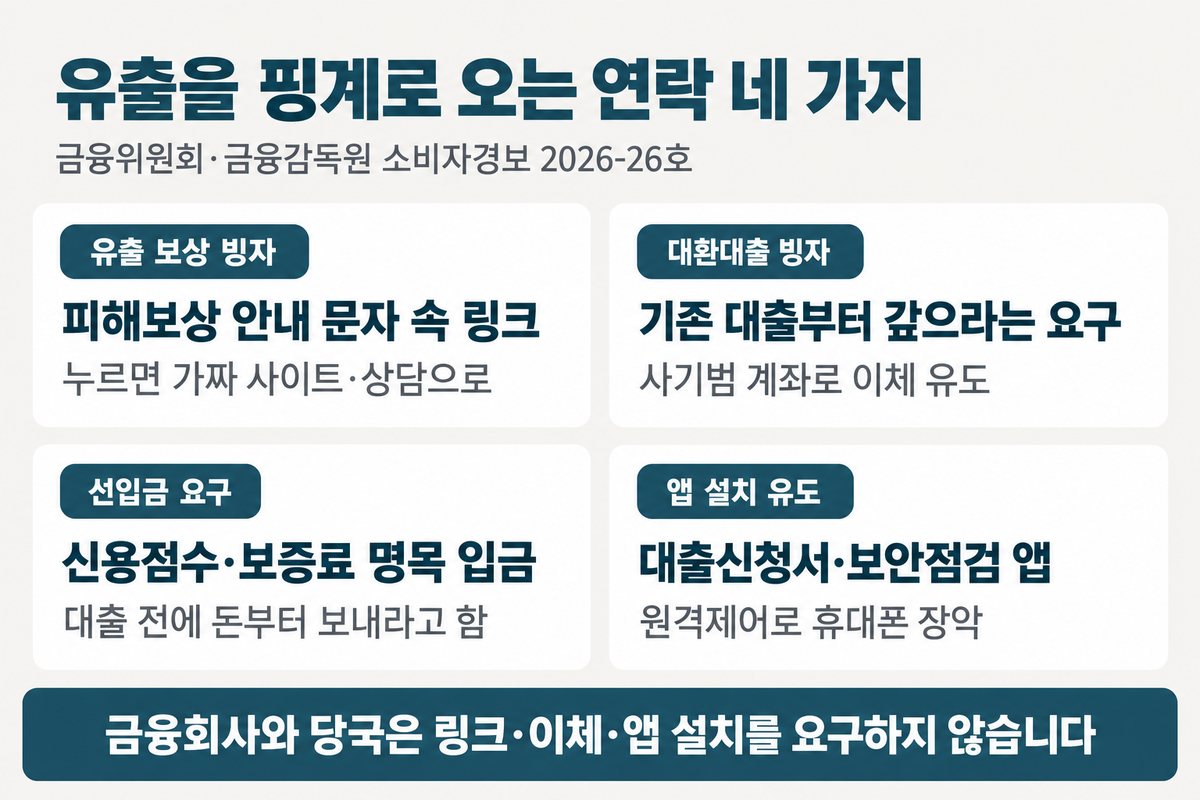 유출을 핑계로 오는 연락 네 가지 카드, 유출 보상 빙자 피해보상 안내 문자 속 링크 누르면 가짜 사이트 상담으로, 대환대출 빙자 기존 대출부터 갚으라는 요구 사기범 계좌로 이체 유도, 선입금 요구 신용점수 보증료 명목 입금 대출 전에 돈부터 보내라고 함, 앱 설치 유도 대출신청서 보안점검 앱 원격제어로 휴대폰 장악, 아래 띠에 금융회사와 당국은 링크 이체 앱 설치를 요구하지 않습니다