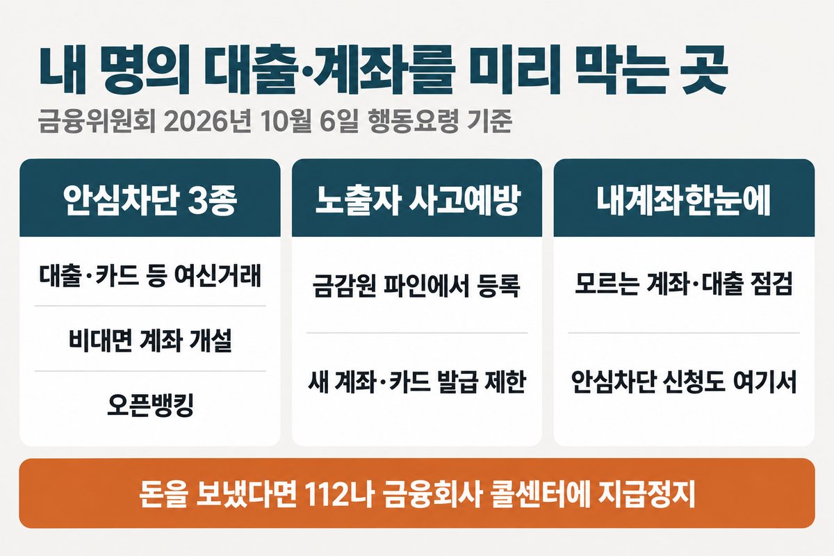 내 명의 대출과 계좌를 미리 막는 곳 세 카드, 안심차단 3종 대출 카드 등 여신거래 비대면 계좌 개설 오픈뱅킹, 노출자 사고예방 금감원 파인에서 등록 새 계좌 카드 발급 제한, 내계좌한눈에 모르는 계좌 대출 점검 안심차단 신청도 여기서, 아래 띠에 돈을 보냈다면 112나 금융회사 콜센터에 지급정지