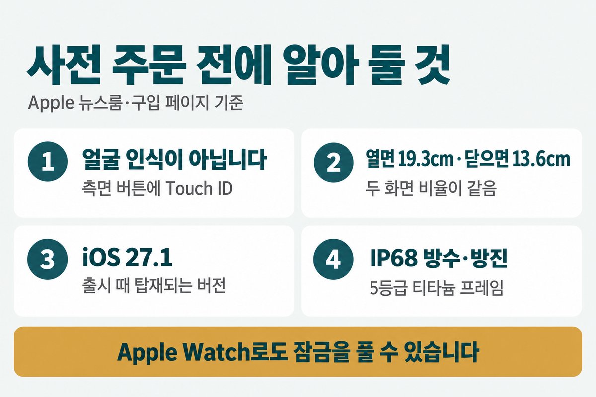 사전 주문 전에 알아 둘 것, 애플 뉴스룸 구입 페이지 기준, 1 얼굴 인식이 아닙니다 측면 버튼에 Touch ID, 2 열면 19.3cm 닫으면 13.6cm 두 화면 비율이 같음, 3 iOS 27.1 출시 때 탑재되는 버전, 4 IP68 방수 방진 5등급 티타늄 프레임, Apple Watch로도 잠금을 풀 수 있습니다