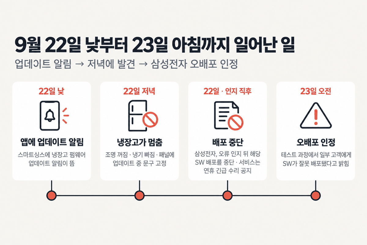 9월 22일 낮 알림, 저녁 멈춤, 인지 직후 배포 중단, 23일 오전 오배포 인정을 네 지점으로 놓은 시간 순서 그림
