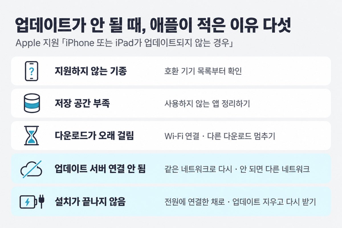 업데이트가 안 될 때 애플이 적은 이유 다섯. 지원하지 않는 기종은 호환 기기 목록부터 확인, 저장 공간 부족은 사용하지 않는 앱 정리하기, 다운로드가 오래 걸림은 Wi-Fi 연결과 다른 다운로드 멈추기, 업데이트 서버 연결 안 됨은 같은 네트워크로 다시 시도하고 안 되면 다른 네트워크, 설치가 끝나지 않음은 전원에 연결한 채로 두고 업데이트를 지우고 다시 받기