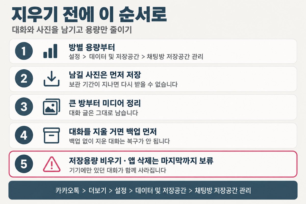 지우기 전에 이 순서로. 1 방별 용량부터, 2 남길 사진은 먼저 저장, 3 큰 방부터 미디어 정리 대화 글은 그대로, 4 대화를 지울 거면 백업 먼저, 5 저장용량 비우기와 앱 삭제는 마지막까지 보류, 경로 카카오톡 더보기 설정 데이터 및 저장공간 채팅방 저장공간 관리