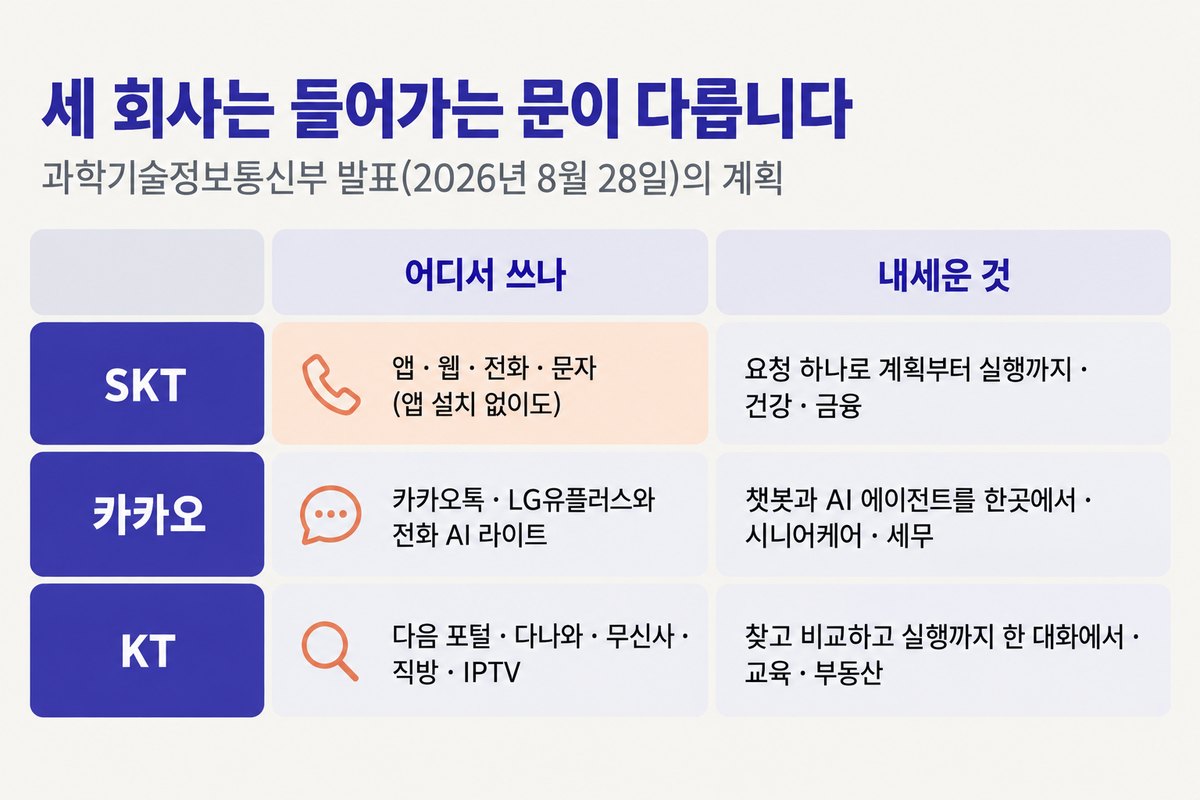 세 회사는 들어가는 문이 다릅니다. SKT는 앱 웹 전화 문자로 앱 설치 없이도 쓰고 요청 하나로 계획부터 실행까지, 건강과 금융. 카카오는 카카오톡과 LG유플러스 전화 AI 라이트, 챗봇과 AI 에이전트를 한곳에서, 시니어케어와 세무. KT는 다음 포털 다나와 무신사 직방 IPTV, 찾고 비교하고 실행까지 한 대화에서, 교육과 부동산