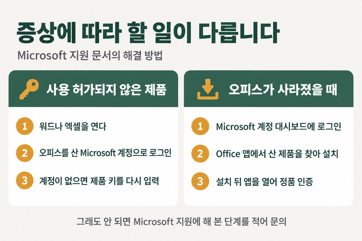증상에 따라 할 일이 다릅니다, 사용 허가되지 않은 제품 1 워드나 엑셀을 연다 2 오피스를 산 Microsoft 계정으로 로그인 3 계정이 없으면 제품 키를 다시 입력, 오피스가 사라졌을 때 1 Microsoft 계정 대시보드에 로그인 2 Office 앱에서 산 제품을 찾아 설치 3 설치 뒤 앱을 열어 정품 인증, 그래도 안 되면 Microsoft 지원에 해 본 단계를 적어 문의
