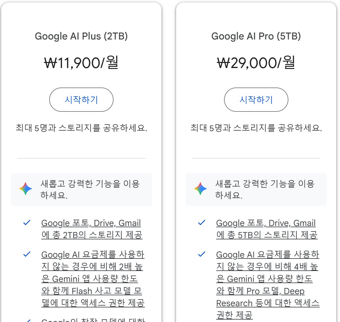 Google One 요금제 페이지 캡처, Google AI Plus 2TB 월 11,900원, Google AI Pro 5TB 월 29,000원, 각각 최대 5명과 스토리지 공유, AI Plus는 Google 포토 Drive Gmail에 총 2TB 스토리지와 요금제를 사용하지 않는 경우에 비해 2배 높은 Gemini 앱 사용량 한도와 Flash 사고 모델 액세스, AI Pro는 5TB 스토리지와 4배 높은 사용량 한도와 Pro 모델 Deep Research 등 액세스