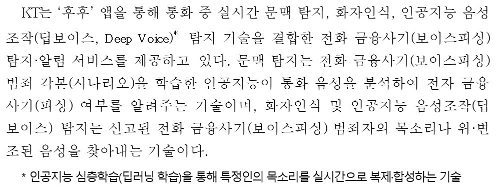과학기술정보통신부 보도자료의 KT 후후 설명 캡처, 실시간 인공지능 전화 금융사기 탐지 2.0, 전화 금융사기 시나리오 신고된 범인의 성문 변조된 목소리 인공지능 음성조작 딥보이스 탐지, 딥보이스 정의 각주