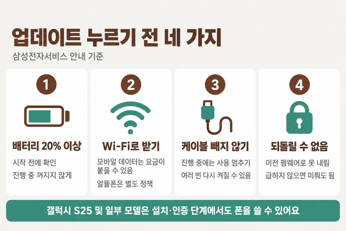 업데이트 전 확인 카드 네 장, 1 배터리 20% 이상, 2 Wi-Fi로 받기 모바일 데이터는 요금이 붙을 수 있음 알뜰폰은 별도 정책, 3 케이블 빼지 않기 진행 중에는 사용 멈추기 여러 번 다시 켜질 수 있음, 4 되돌릴 수 없음 이전 펌웨어로 못 내림 급하지 않으면 미뤄도 됨, 아래 띠에 갤럭시 S25 및 일부 모델은 설치·인증 단계에서도 폰을 쓸 수 있어요