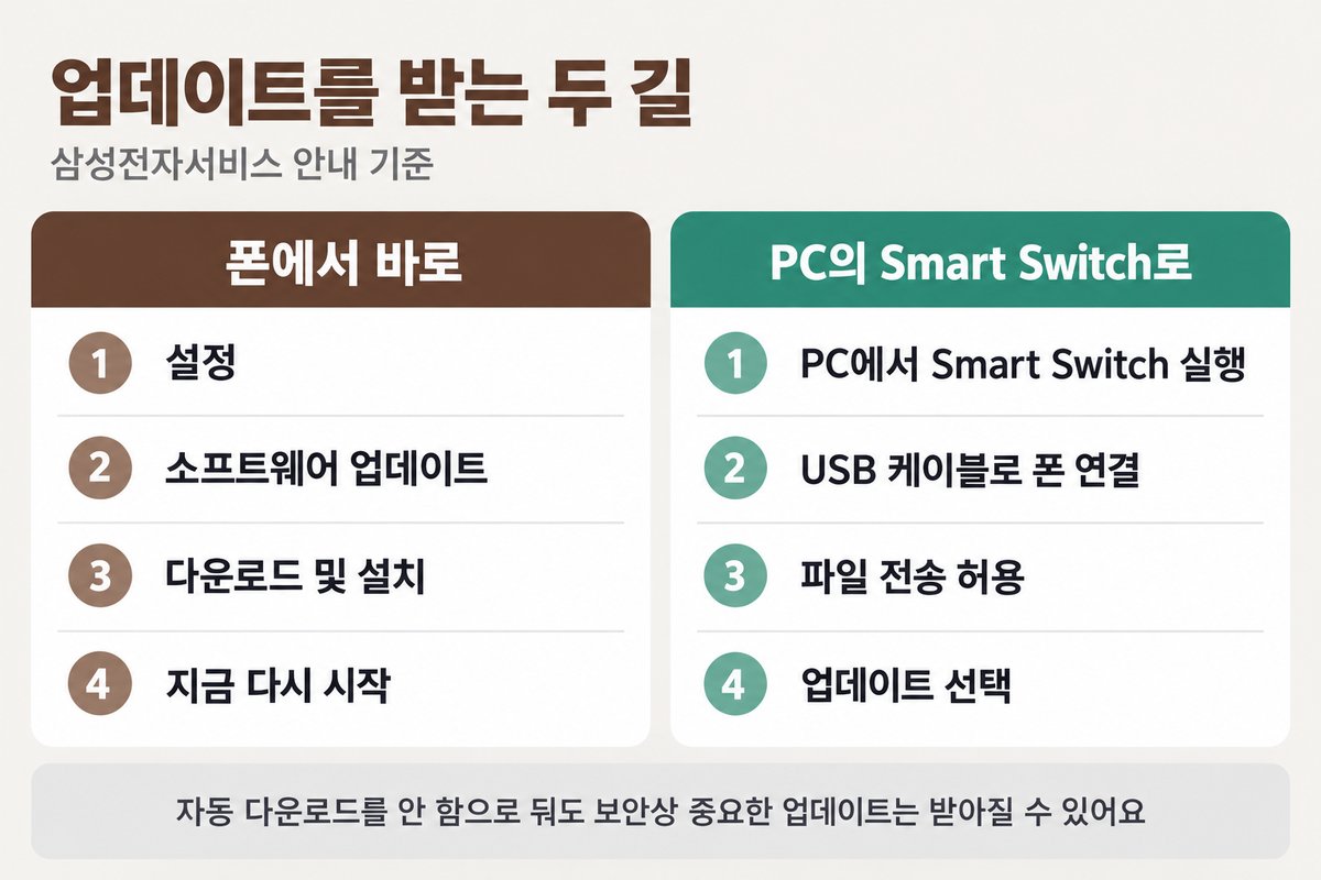 업데이트를 받는 두 길, 왼쪽 폰에서 바로 1 설정 2 소프트웨어 업데이트 3 다운로드 및 설치 4 지금 다시 시작, 오른쪽 PC의 Smart Switch로 1 PC에서 Smart Switch 실행 2 USB 케이블로 폰 연결 3 파일 전송 허용 4 업데이트 선택, 아래에 자동 다운로드를 안 함으로 둬도 보안상 중요한 업데이트는 받아질 수 있어요