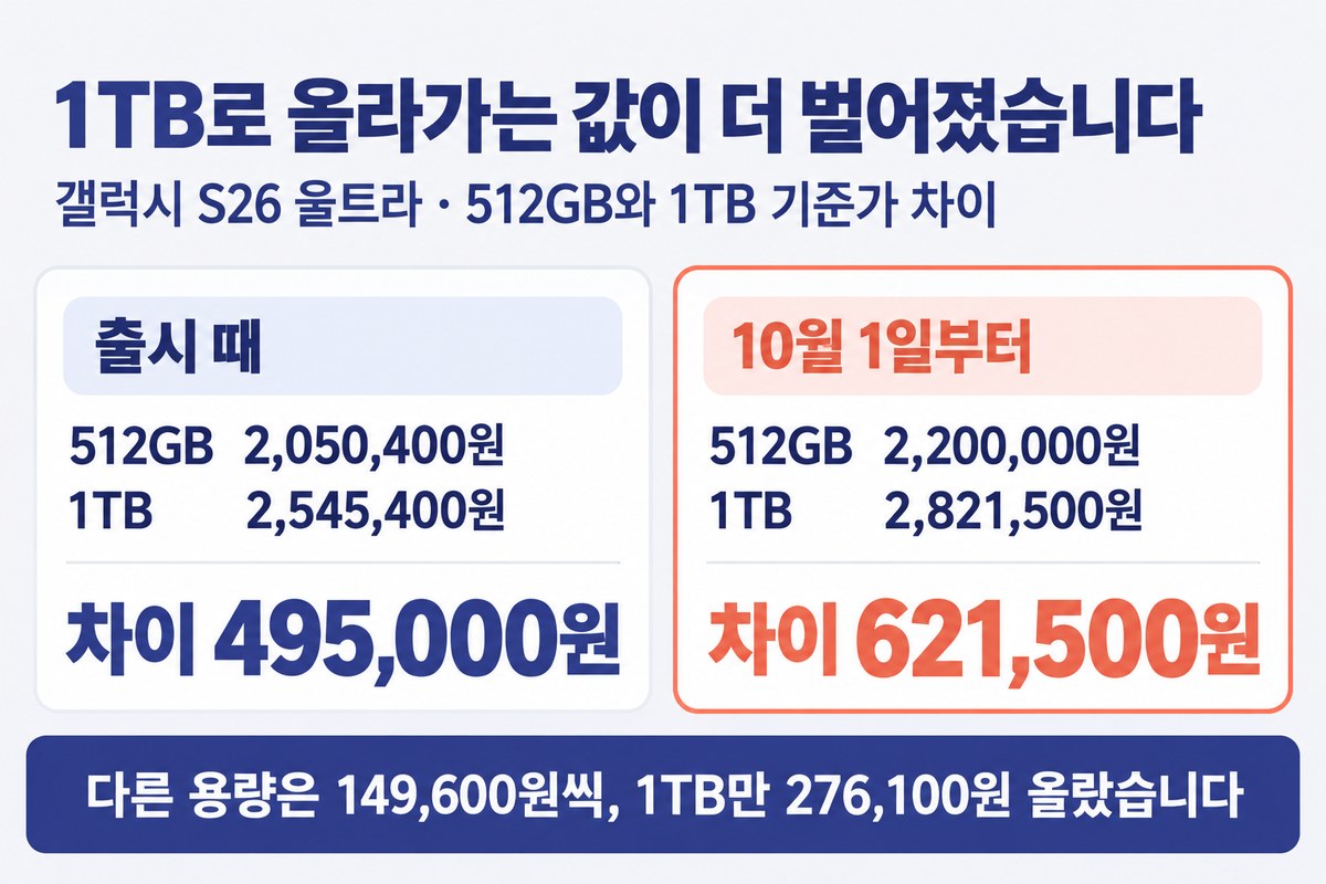 1TB로 올라가는 값이 더 벌어졌습니다, 갤럭시 S26 울트라 512GB와 1TB 기준가 차이, 출시 때 512GB 2,050,400원 1TB 2,545,400원 차이 495,000원, 10월 1일부터 512GB 2,200,000원 1TB 2,821,500원 차이 621,500원, 다른 용량은 149,600원씩 1TB만 276,100원 올랐습니다