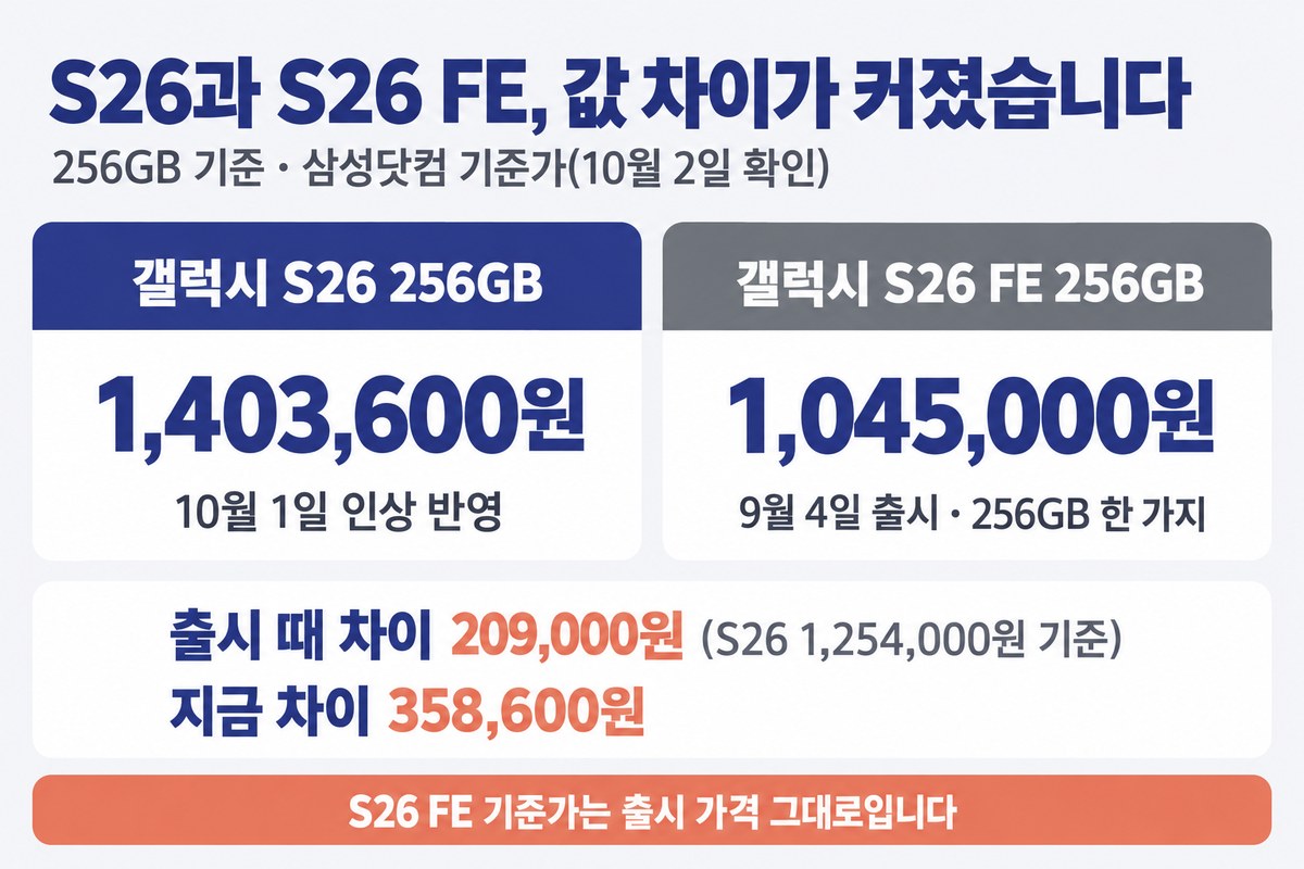 S26과 S26 FE 값 차이가 커졌습니다, 256GB 기준 삼성닷컴 기준가 10월 2일 확인, 갤럭시 S26 256GB 1,403,600원 10월 1일 인상 반영, 갤럭시 S26 FE 256GB 1,045,000원 9월 4일 출시 256GB 한 가지, 출시 때 차이 209,000원 S26 1,254,000원 기준, 지금 차이 358,600원, S26 FE 기준가는 출시 가격 그대로입니다