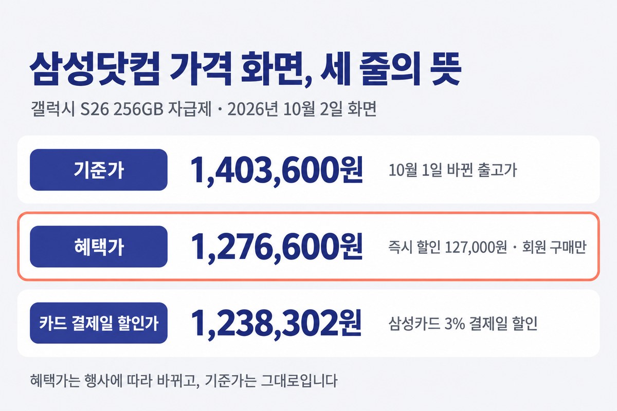 삼성닷컴 가격 화면 세 줄의 뜻, 갤럭시 S26 256GB 자급제 2026년 10월 2일 화면, 기준가 1,403,600원 10월 1일 바뀐 출고가, 혜택가 1,276,600원 즉시 할인 127,000원 회원 구매만, 카드 결제일 할인가 1,238,302원 삼성카드 3% 결제일 할인, 혜택가는 행사에 따라 바뀌고 기준가는 그대로입니다
