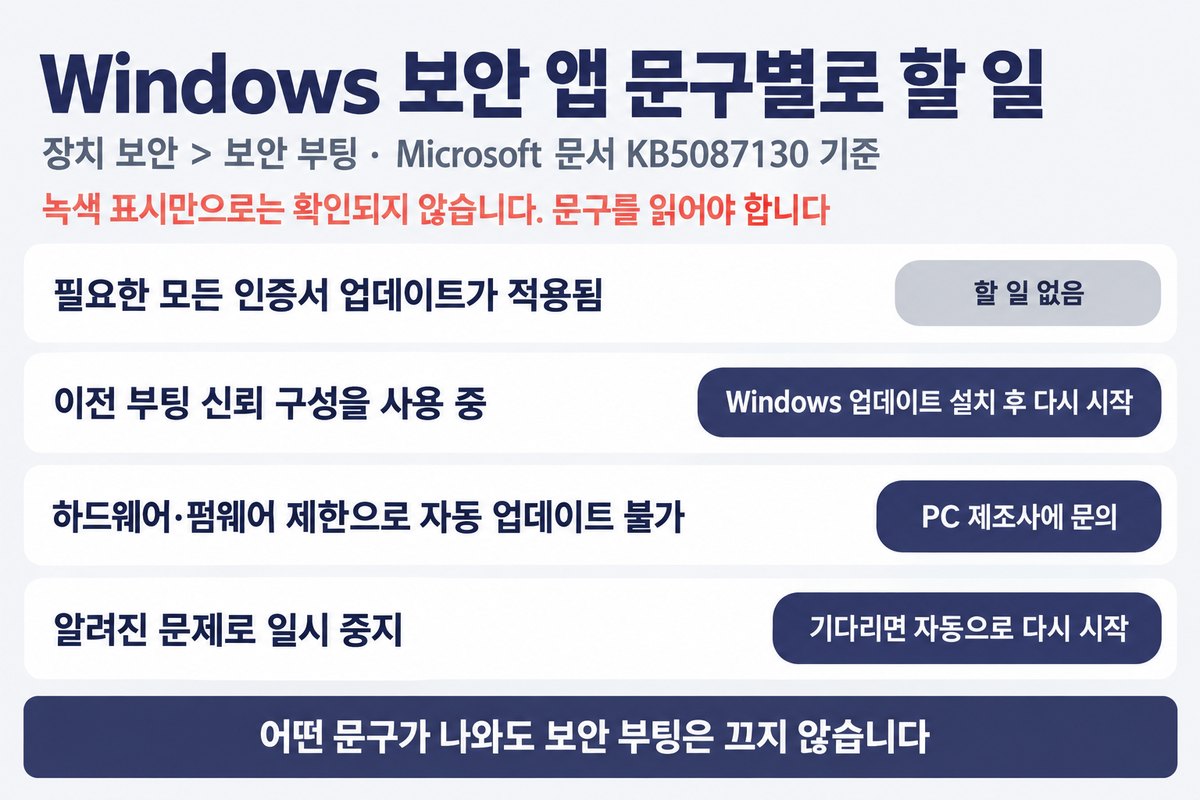 Windows 보안 앱 문구별로 할 일 네 줄, 녹색 표시만으로는 확인되지 않습니다 문구를 읽어야 합니다, 필요한 모든 인증서 업데이트가 적용됨 할 일 없음, 이전 부팅 신뢰 구성을 사용 중 Windows 업데이트 설치 후 다시 시작, 하드웨어 펌웨어 제한으로 자동 업데이트 불가 PC 제조사에 문의, 알려진 문제로 일시 중지 기다리면 자동으로 다시 시작, 아래 띠에 어떤 문구가 나와도 보안 부팅은 끄지 않습니다