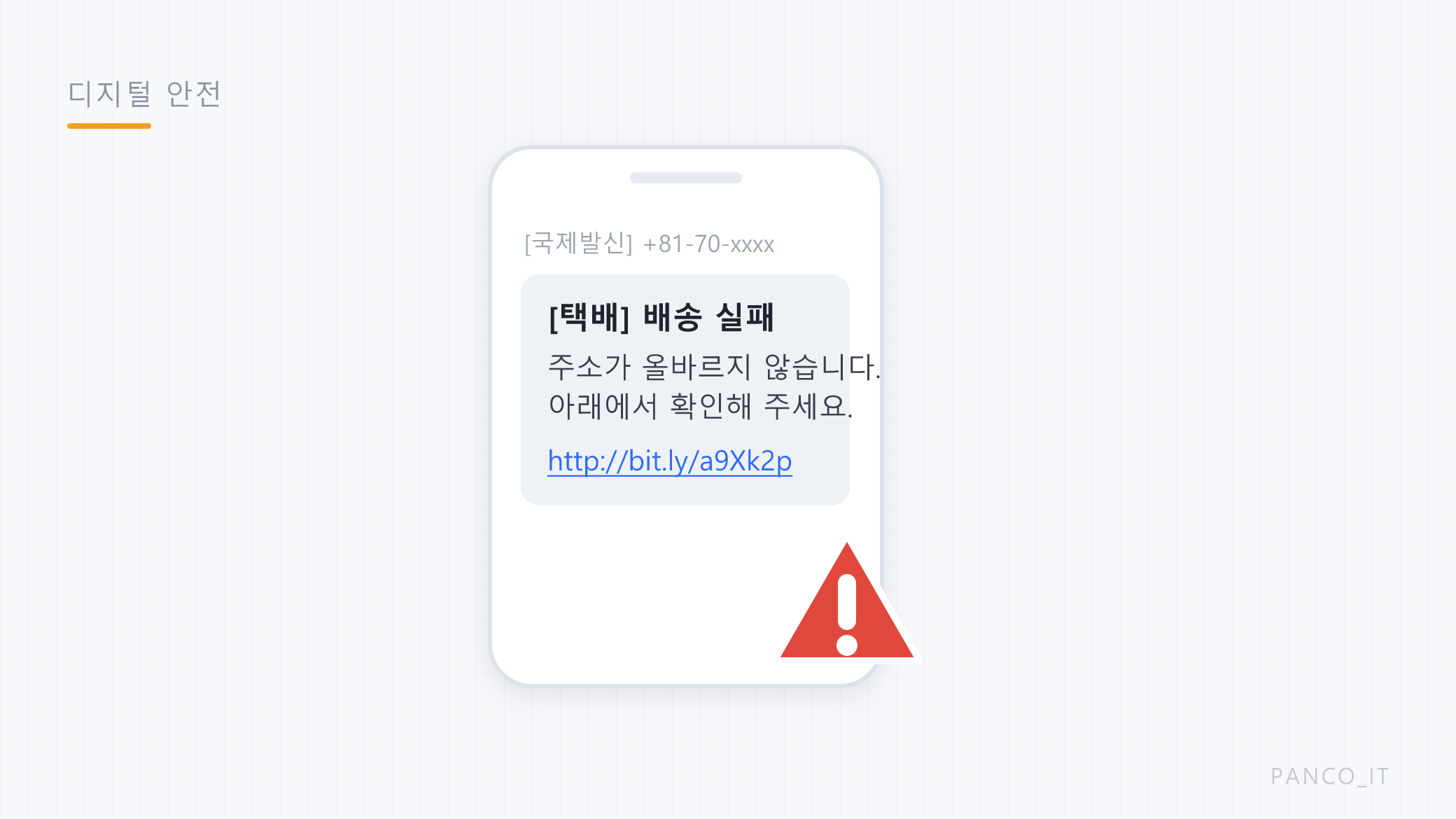 택배 배송 실패를 사칭한 스미싱 문자와 경고 표시
