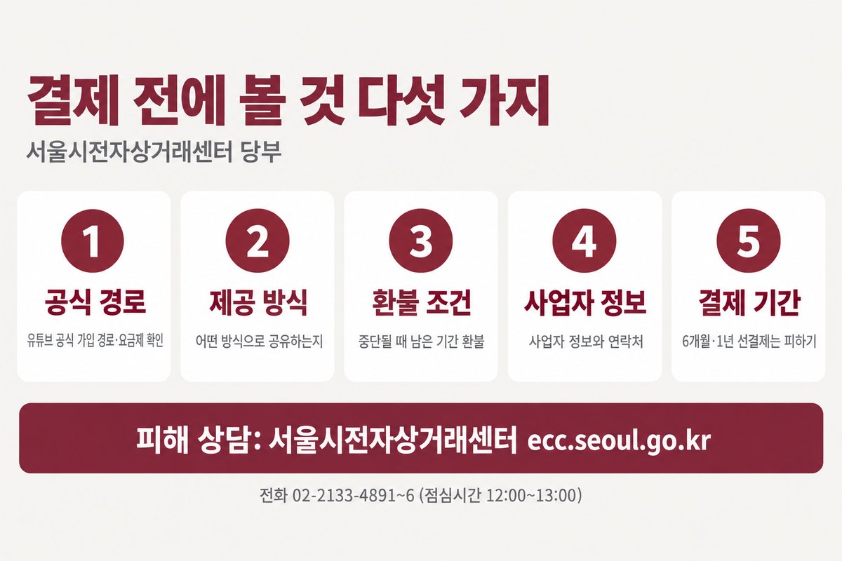 결제 전에 볼 것 다섯 가지 카드, 1 공식 경로 유튜브 공식 가입 경로 요금제 확인, 2 제공 방식 어떤 방식으로 공유하는지, 3 환불 조건 중단될 때 남은 기간 환불, 4 사업자 정보 사업자 정보와 연락처, 5 결제 기간 6개월 1년 선결제는 피하기, 아래 띠에 피해 상담 서울시전자상거래센터 ecc.seoul.go.kr, 전화 02-2133-4891에서 6 점심시간 12시에서 13시