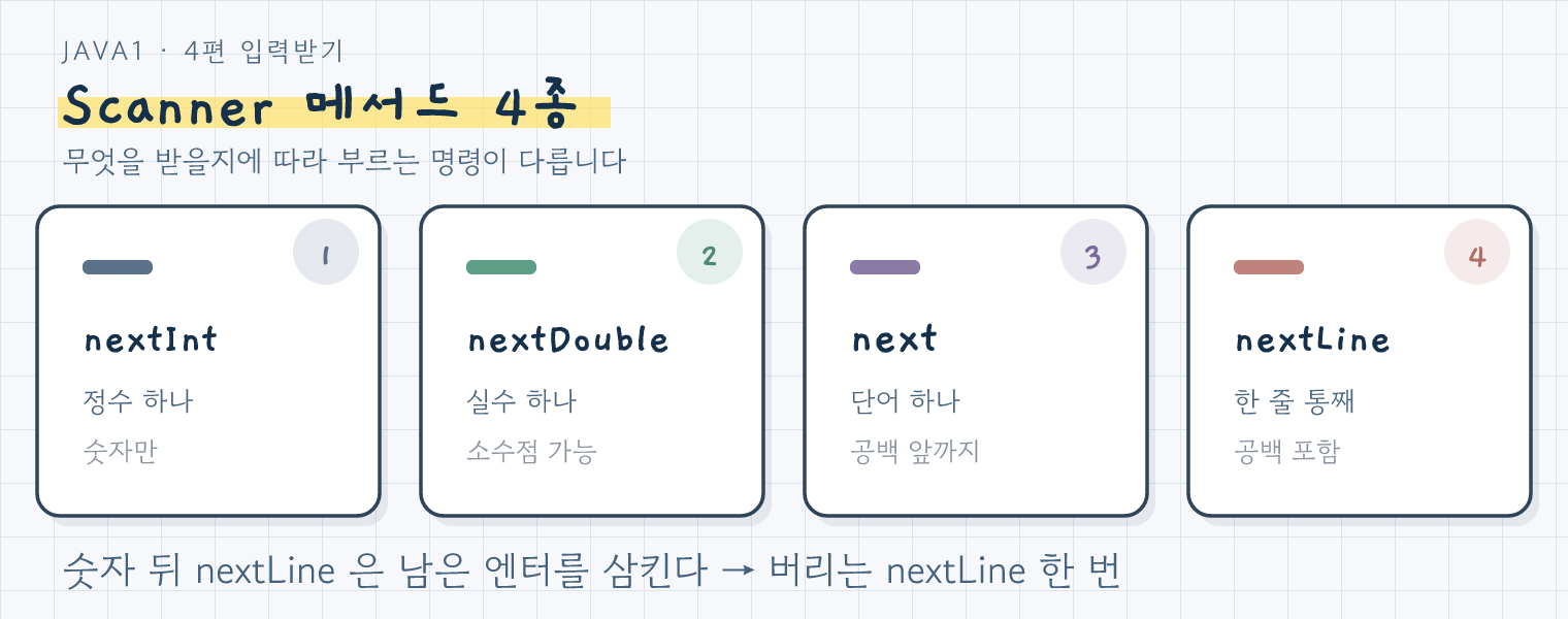 Scanner 메서드 4종 비교: nextInt(정수), nextDouble(실수), next(단어·공백 앞까지), nextLine(한 줄·공백 포함)